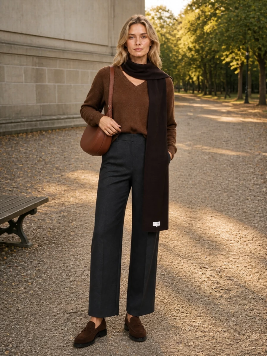 Loulou studio brown sweater charcoal wide leg trousers