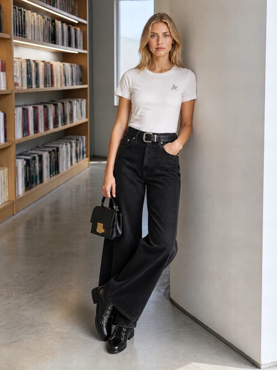 Golden goose tee ganni wide leg jeans outfit