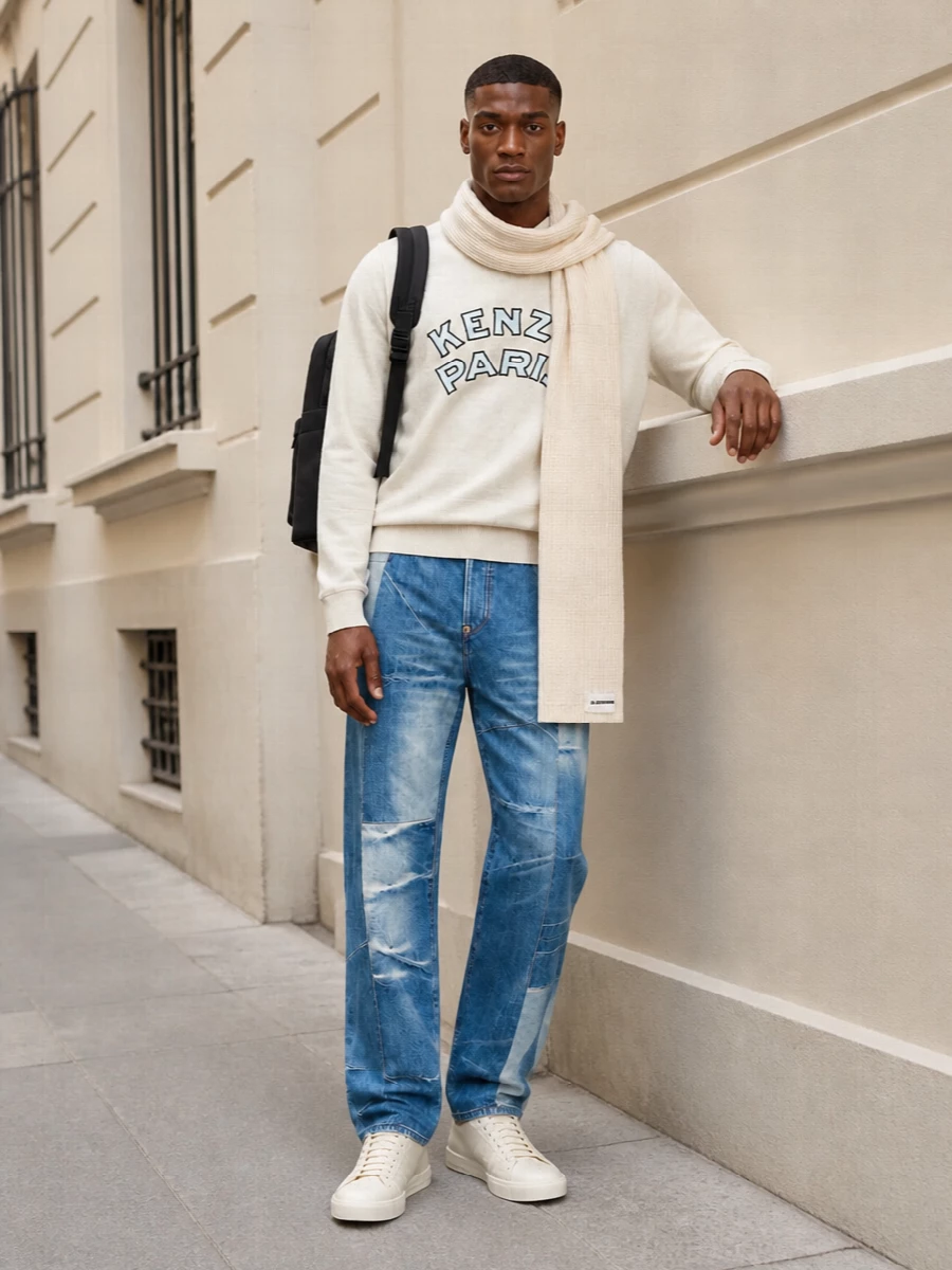 Kenzo sweatshirt patchwork jeans prada sneakers