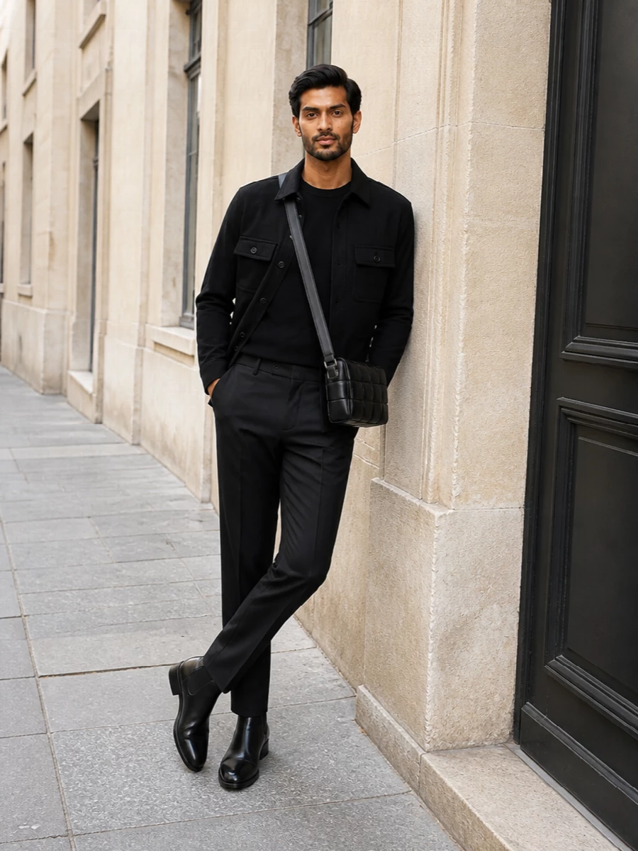 This look is a study in monochrome quiet luxury: a black Tom Ford shirt jacket over a black crew-neck knit, grounded with deep charcoal Fendi tailored trousers. Razor-sharp Chelsea boots and a structured black Bottega crossbody introduce subtle texture and edge, creating an urbane FW uniform that moves effortlessly from late office to dinner in the city.