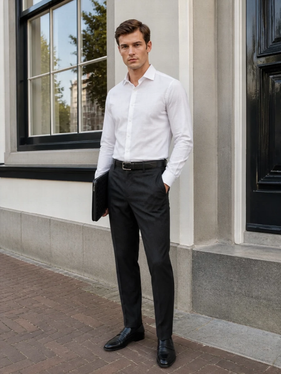 Fendi charcoal trousers white shirt loafers