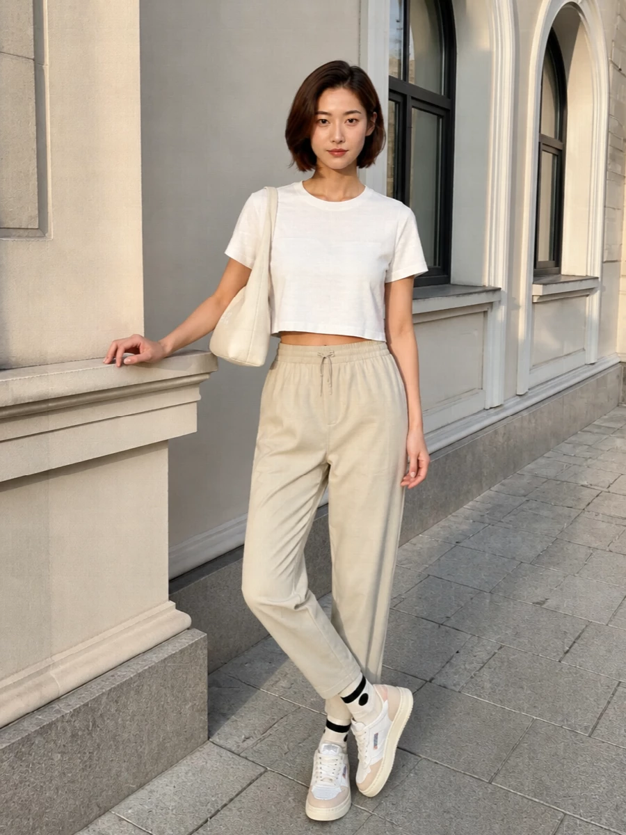 Autry beige track pants white crop tee outfit