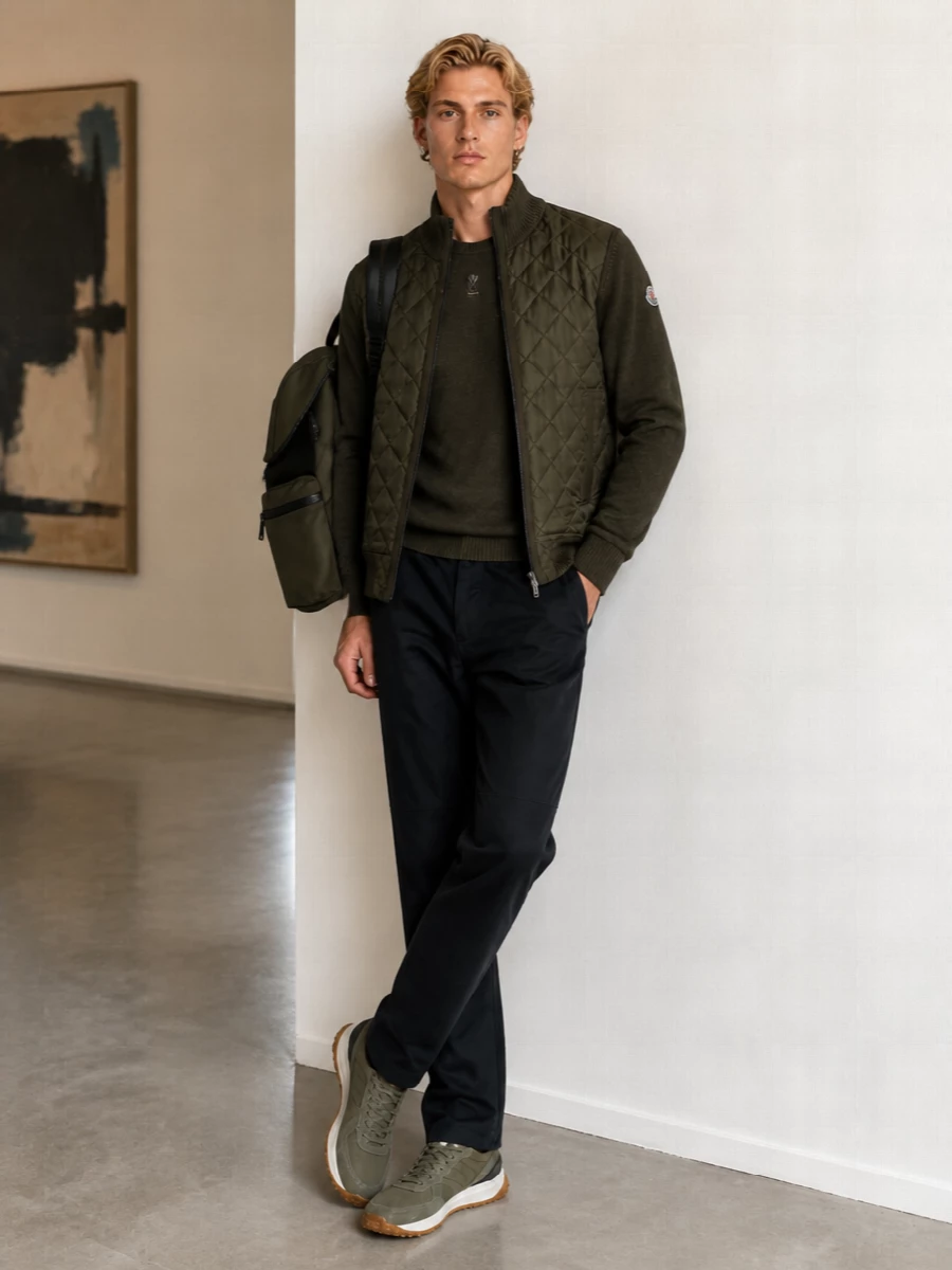 Moncler olive quilted jacket navy pants outfit