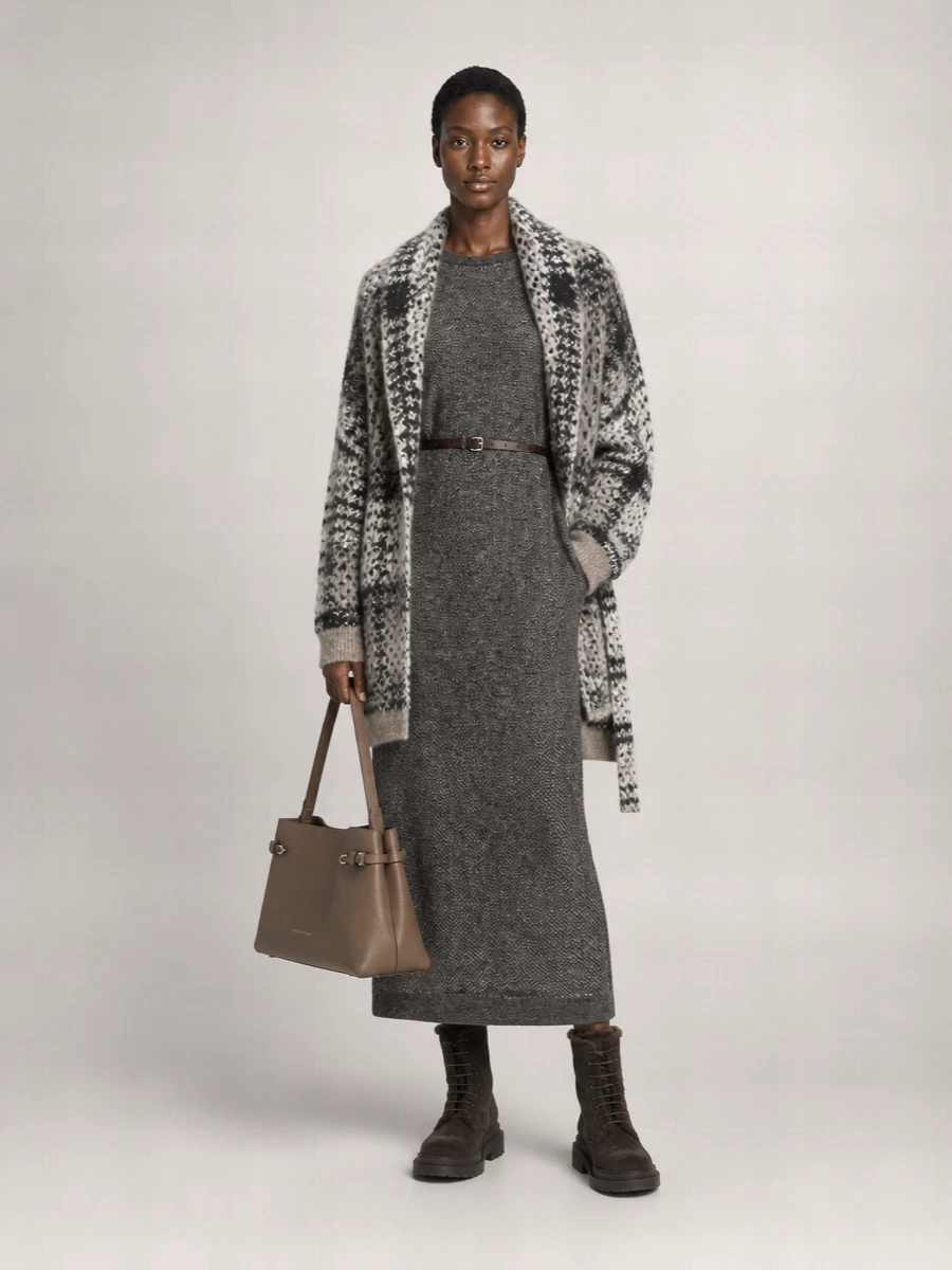 Brunello Cucinelli Checked Wool Cashmere Silk Belted Shawl Collar Coat