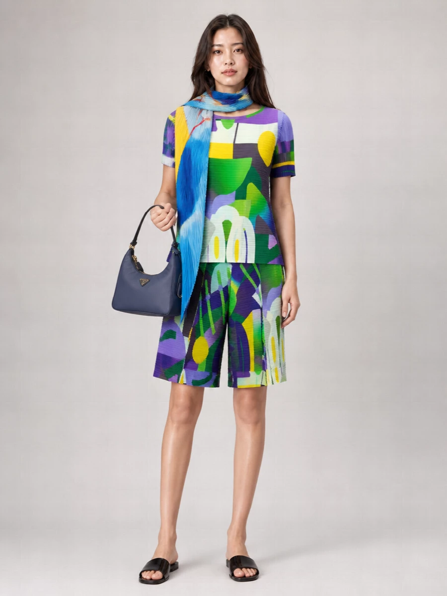 Pleats Please Issey Miyake Printed Pleated Boat Neck Short Sleeve Asymmetric Blouse