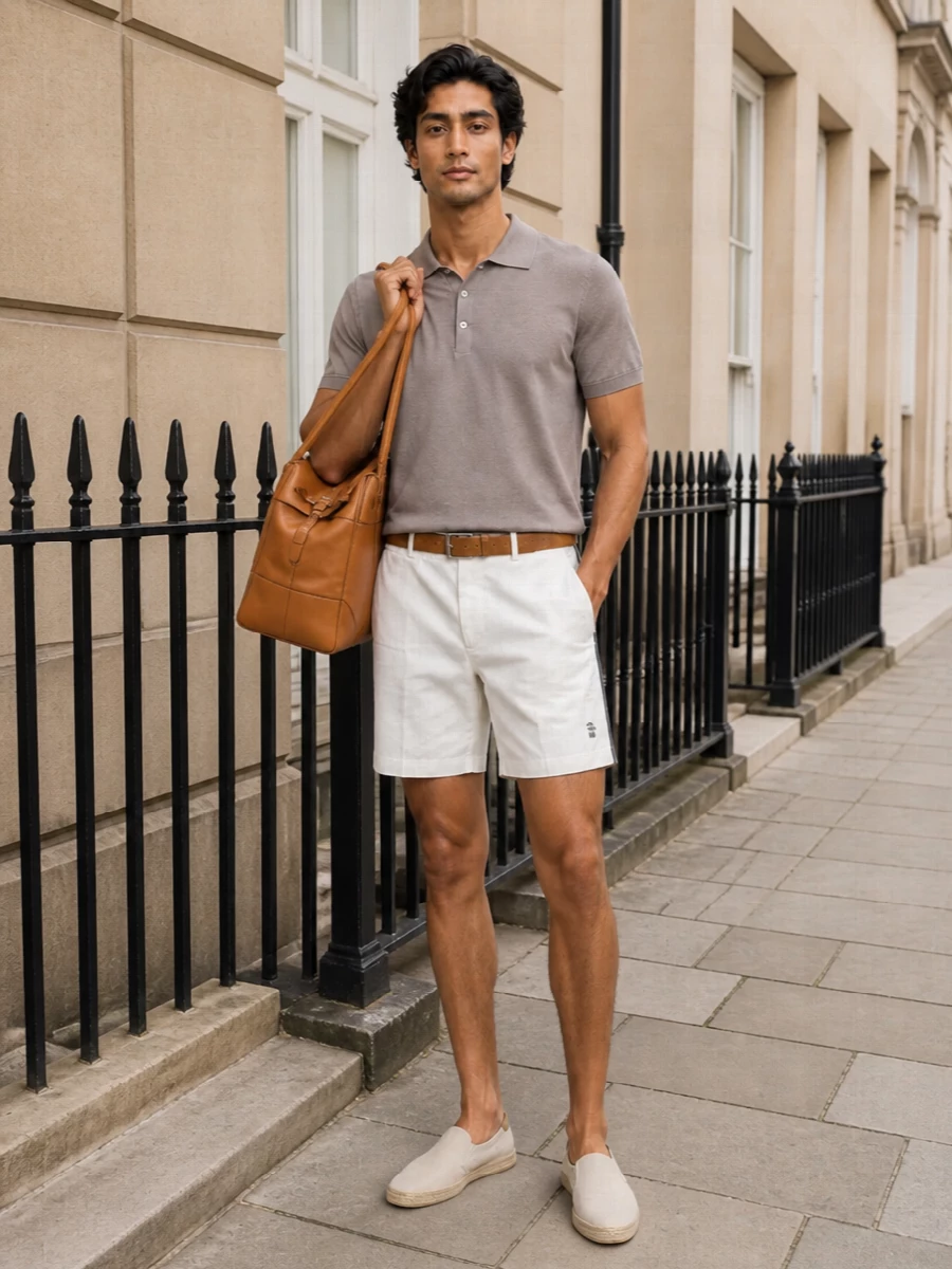 Off-white tailored swim shorts are grounded with a taupe knit polo and light beige espadrilles for a calm, tonal resort ensemble. A cognac weekender and camel suede belt warm the palette, keeping everything quietly luxurious yet easy to wear from poolside to terrace drinks.