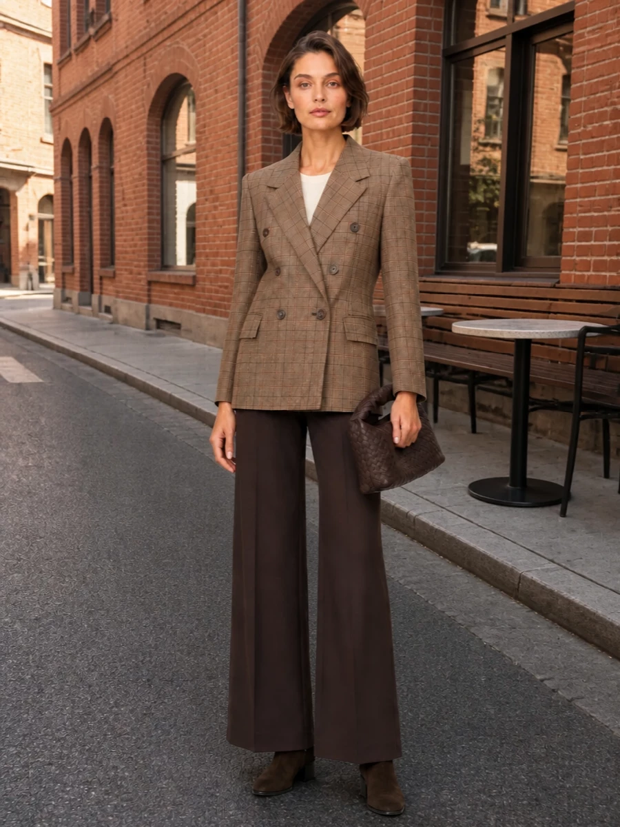 A warm, tonal take on menswear tailoring, this pairing leans into rich browns for a quietly confident boardroom-to-dinner attitude. The longline checked blazer and high-waisted espresso trouser create an elongated column, while the dark suede ankle boot and woven clutch keep every detail polished but discreet. Think modern power dressing for someone who prefers subtle signals of luxury over visible branding.