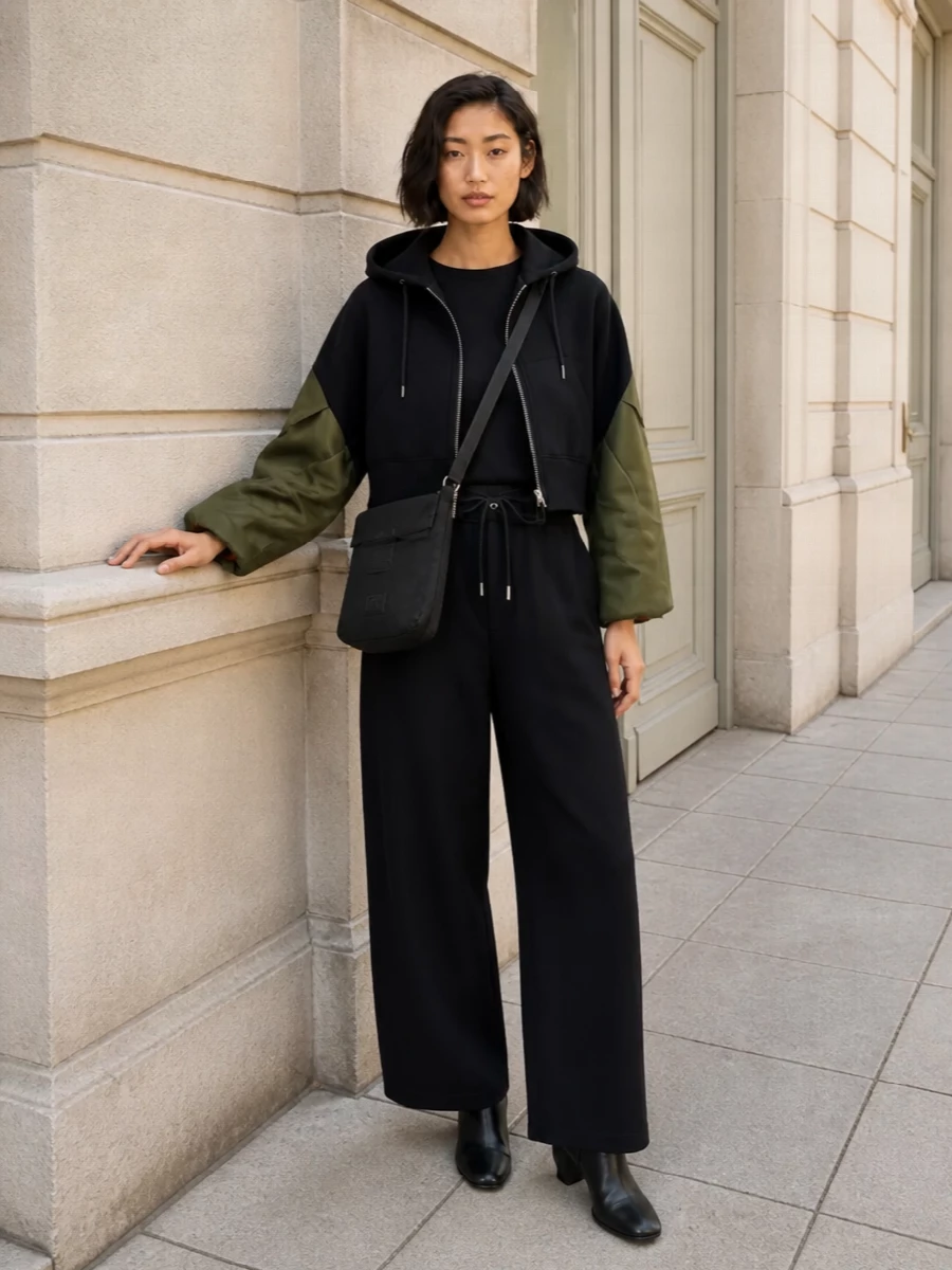 Sacai cropped jacket wide leg trousers outfit
