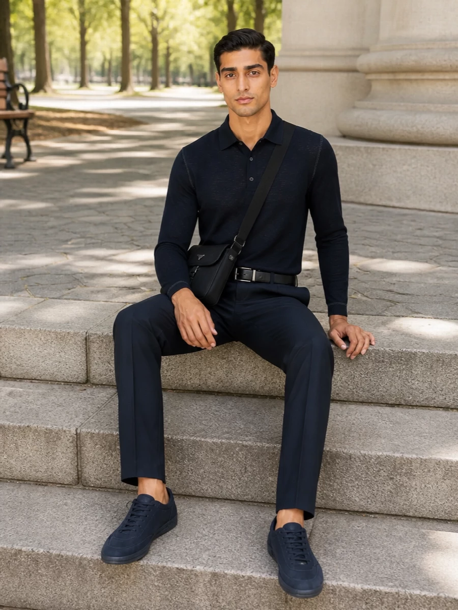 Prada navy knit polo tailored navy trousers