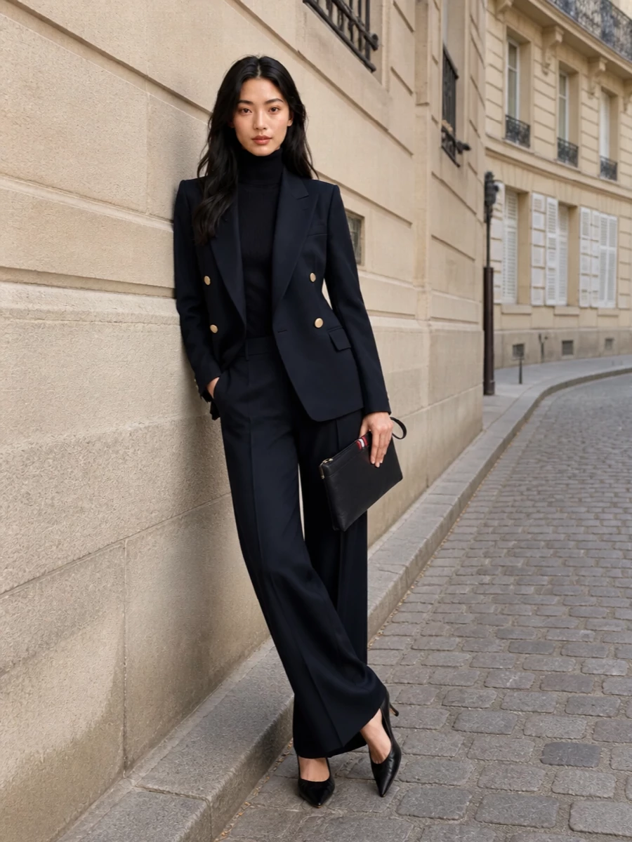 Parosh navy blazer wide leg trousers outfit