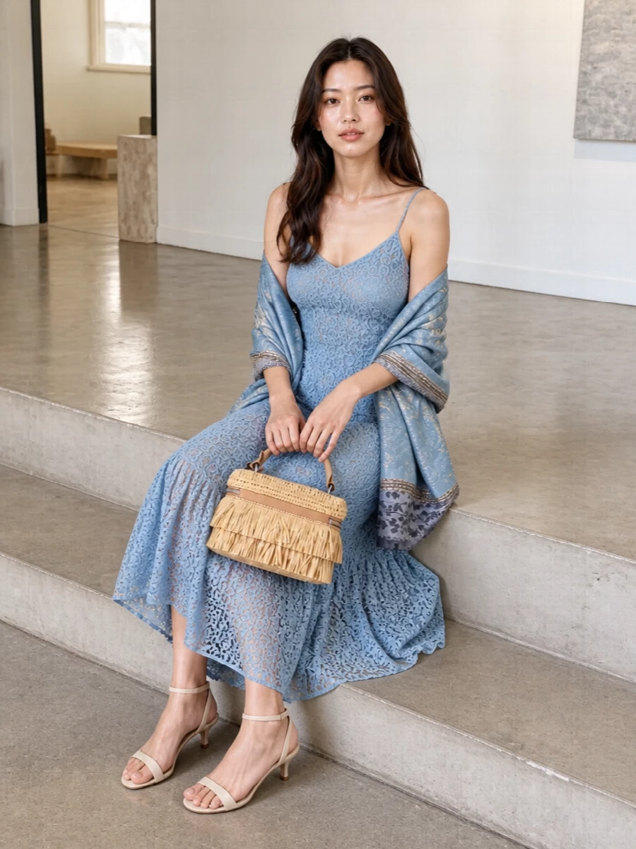 Michael kors blue lace midi dress outfit summer