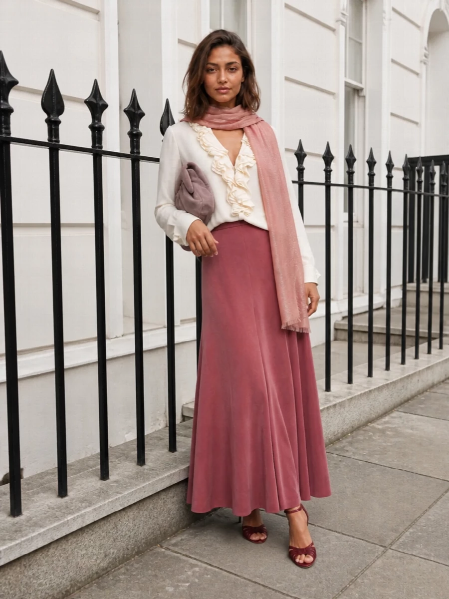 Alberta ferretti dusty rose maxi skirt outfit