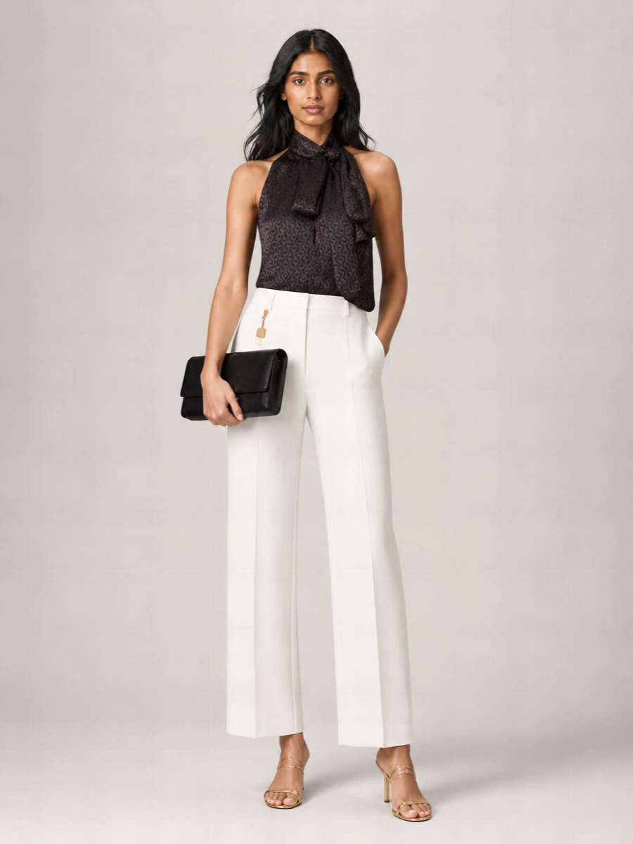 Gucci’s deep espresso halterneck is grounded by ivory wide-leg tailoring, creating a long, assured line that feels refined but quietly sensual for evening. Metallic gold sandals and a structured black clutch introduce just enough shine, keeping the palette tight and the mood firmly modern cocktail. The result is tailored, fluid and confident without ever reading loud.