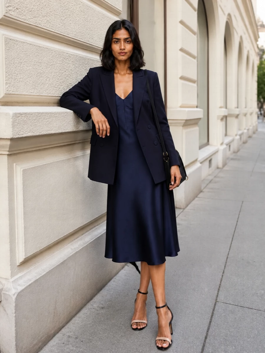 Alberta ferretti navy blazer satin midi outfit