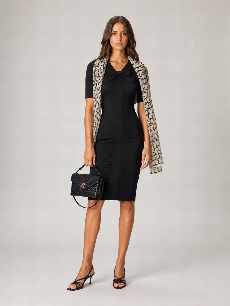Valentino Garavani Gathered Bow V-Neck Short-Sleeve Knee-Length Dress