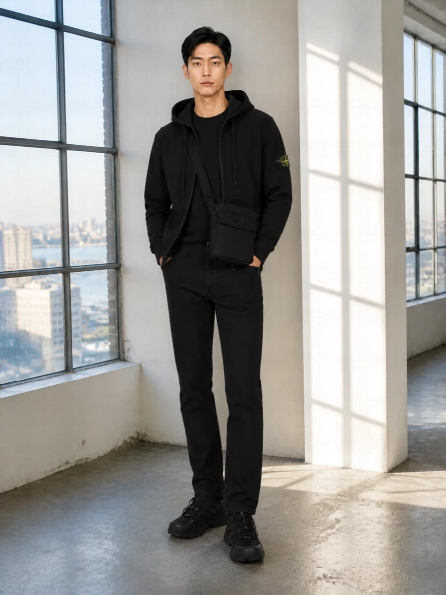 Stone island black jacket jeans sneakers outfit