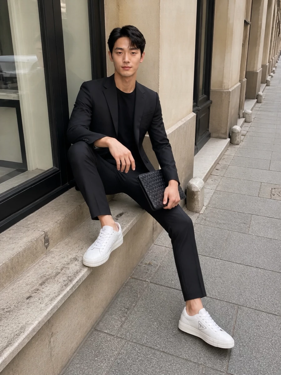 Prada black suit white sneakers street style