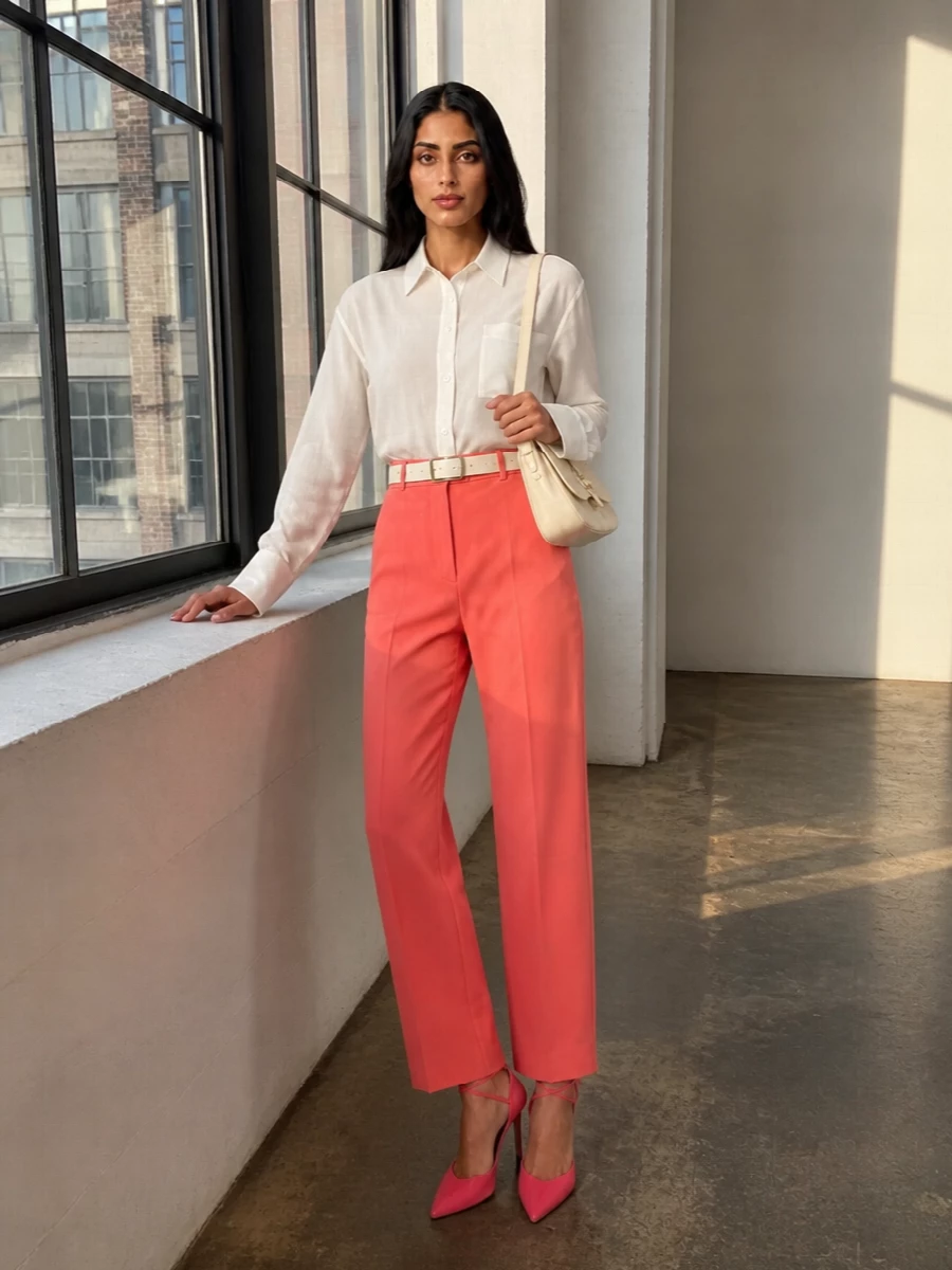 The attico coral trousers ivory shirt outfit
