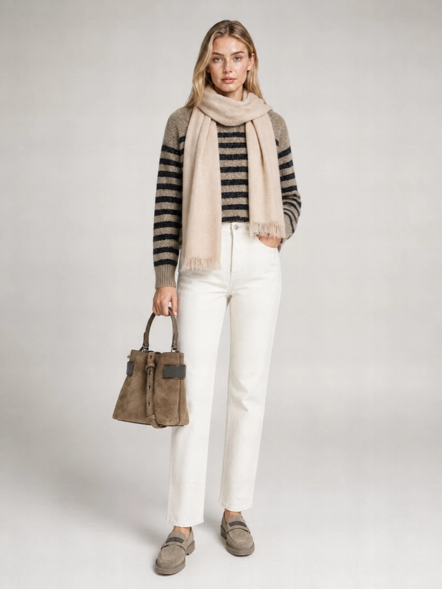 Brunello Cucinelli Cashmere Wool Striped Crew Neck Long Sleeve Sweater