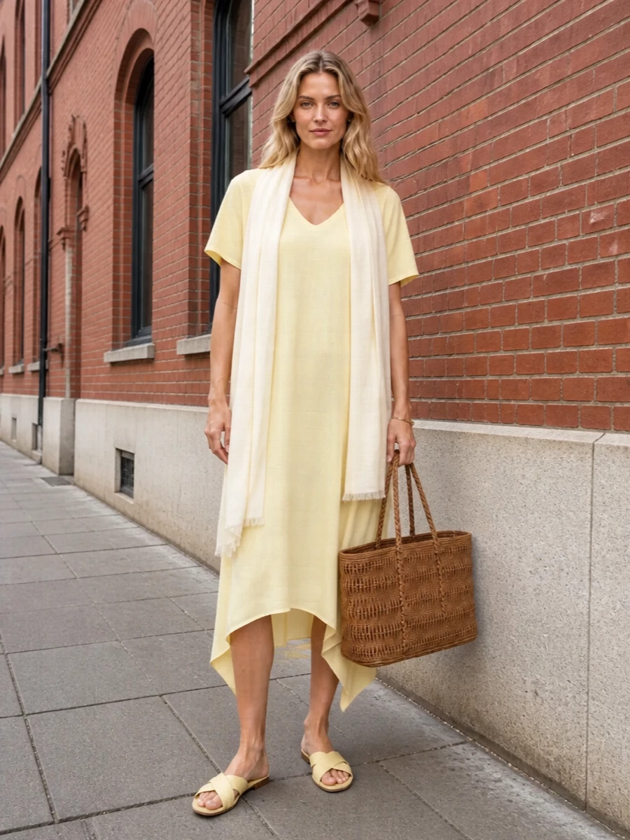 Fabiana filippi yellow dress woven tote sandals