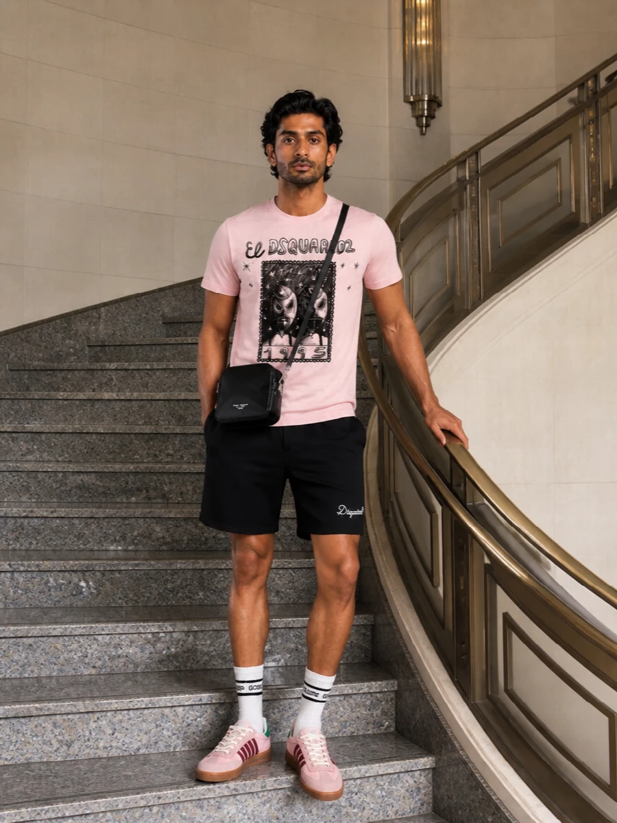 Dsquared2 tee pink sneakers black shorts