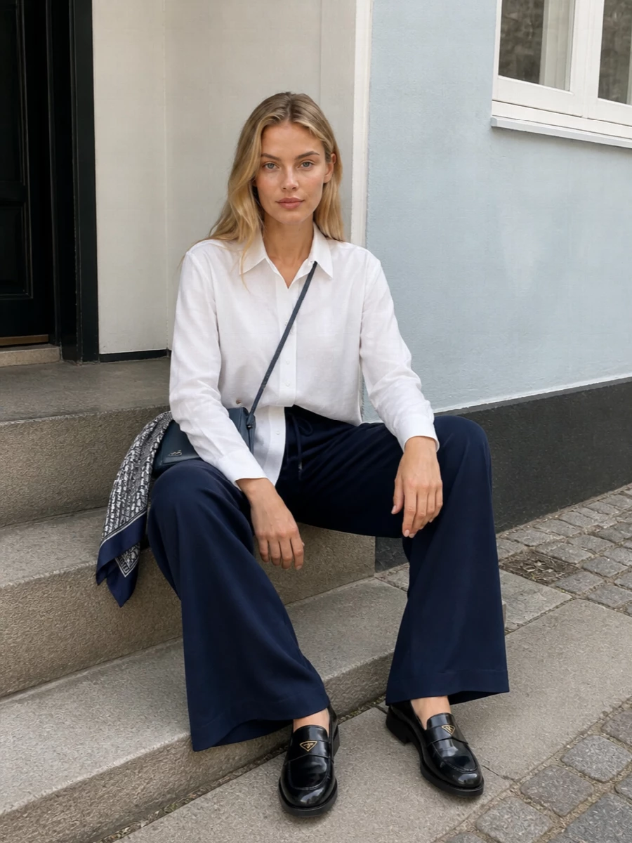 Deep navy loungewear is sharpened with a precise white shirt, creating a clean contrast that keeps the relaxed wide leg feeling deliberate rather than casual. Navy loafers and a streamlined crossbody continue the tonal story, while a monogram scarf adds a soft layer of Dior heritage. The result is off-duty comfort with a clear, tailored intent and a coherent navy-and-white palette.