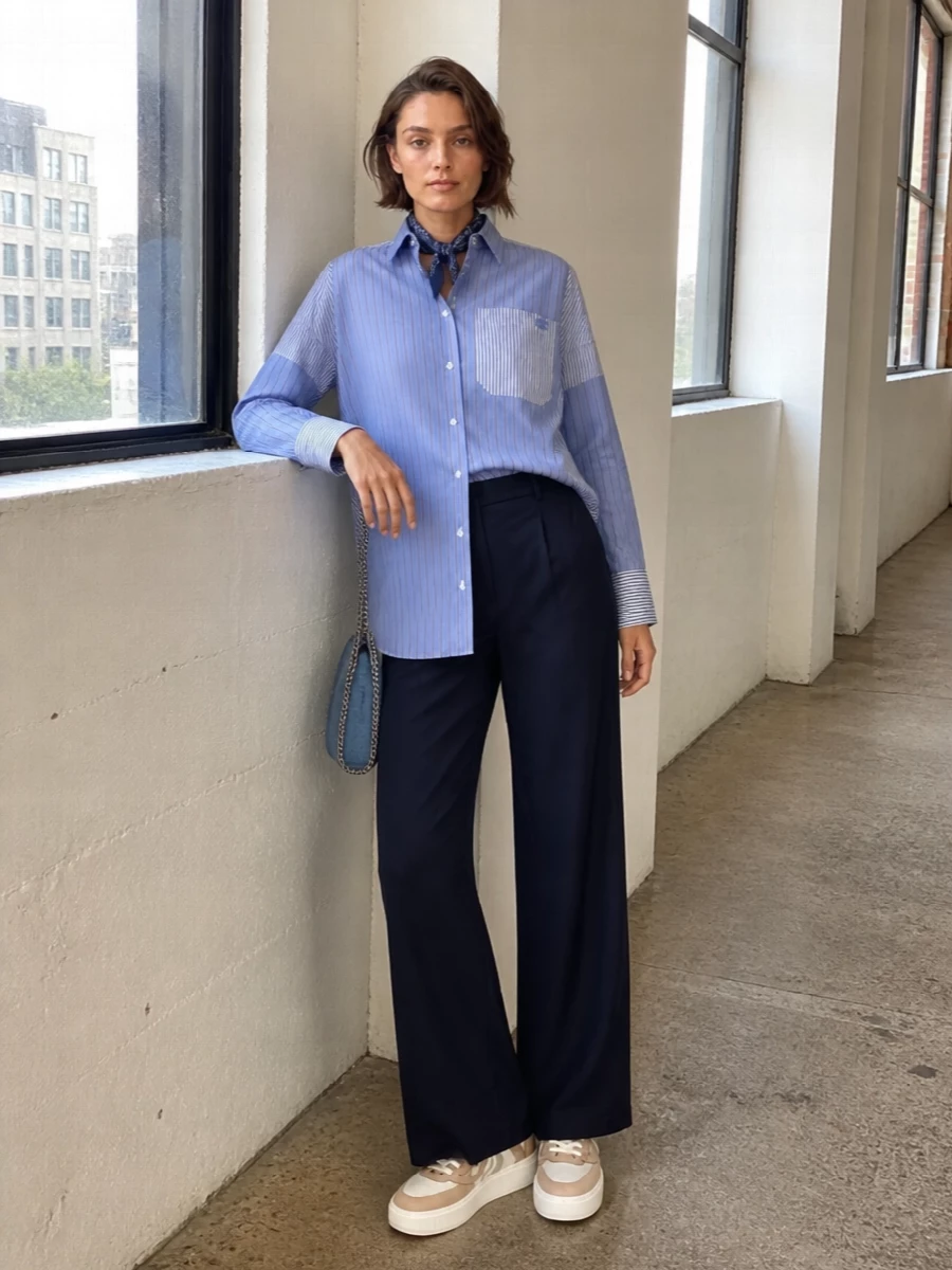 Stella mccartney striped shirt navy wide leg trousers