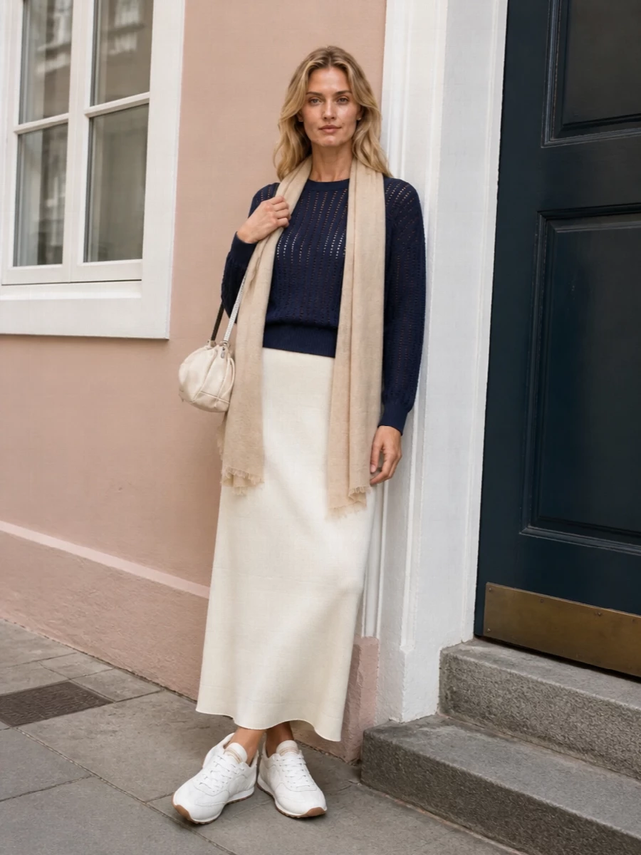 An airy navy open-knit meets a fluid ivory column skirt for a long, unfussy line that feels relaxed yet composed. White runners and an ivory pouch keep everything light and tonal, with a sand scarf softening the transition from deep navy to pale neutrals. It is an easy city or coastal pairing that reads polished without ever tipping into formality.