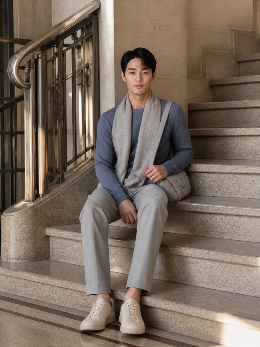 Drumohr blue sweater prada grey trousers outfit