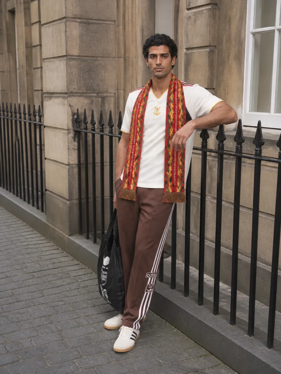 This is pure terrace nostalgia filtered through modern streetwear, with the cream V‑neck jersey sitting above deep brown track pants for a rich, warm base. Cream and black gum-sole trainers keep the line sleek and low-key while nodding to classic pitch style. A Y-3 tote and graphic CDG scarf push it firmly into fashion territory, giving a sharp, stadium-ready twist to a relaxed sport outfit.