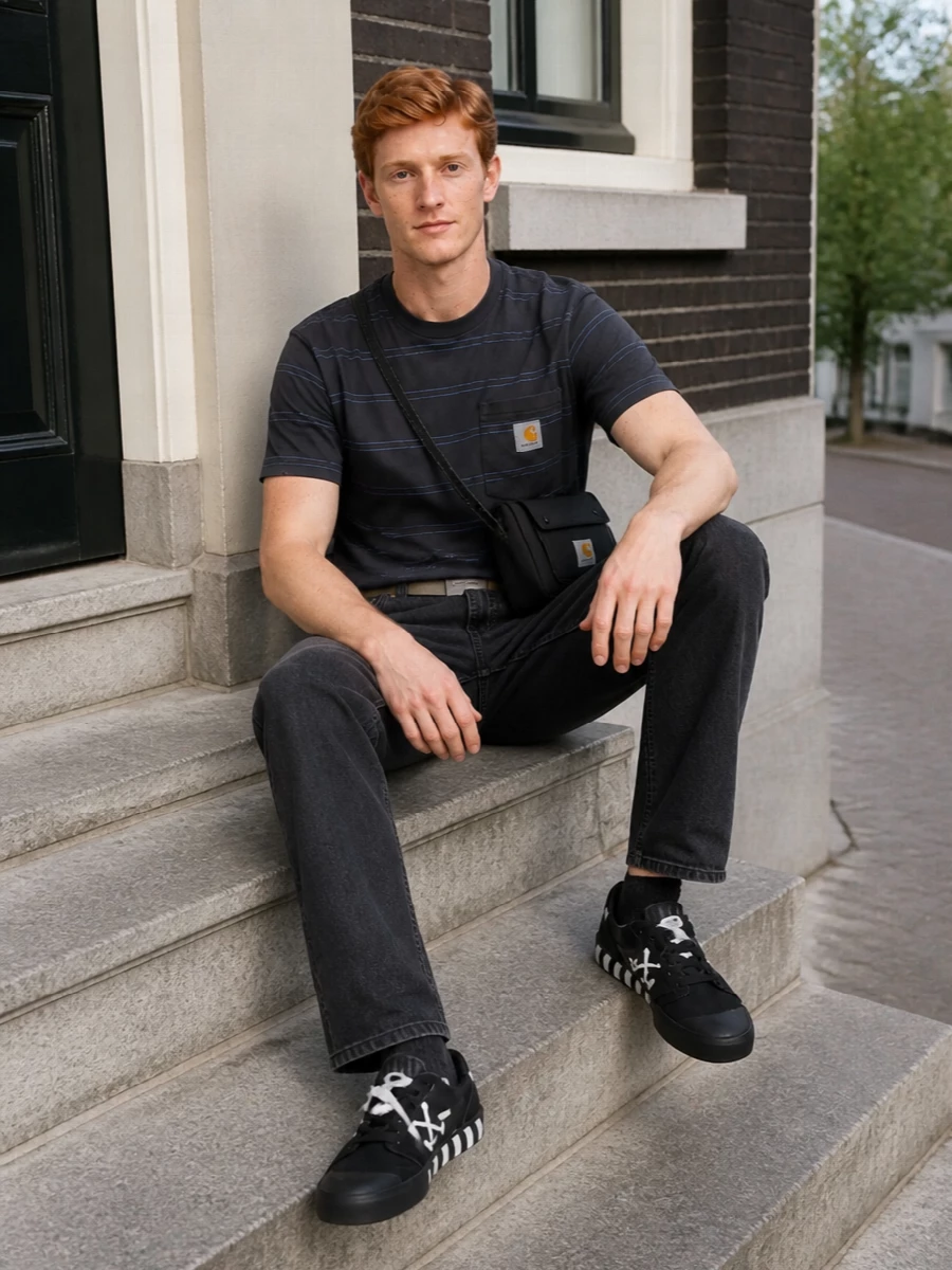 Carhartt tee black jeans off white sneakers