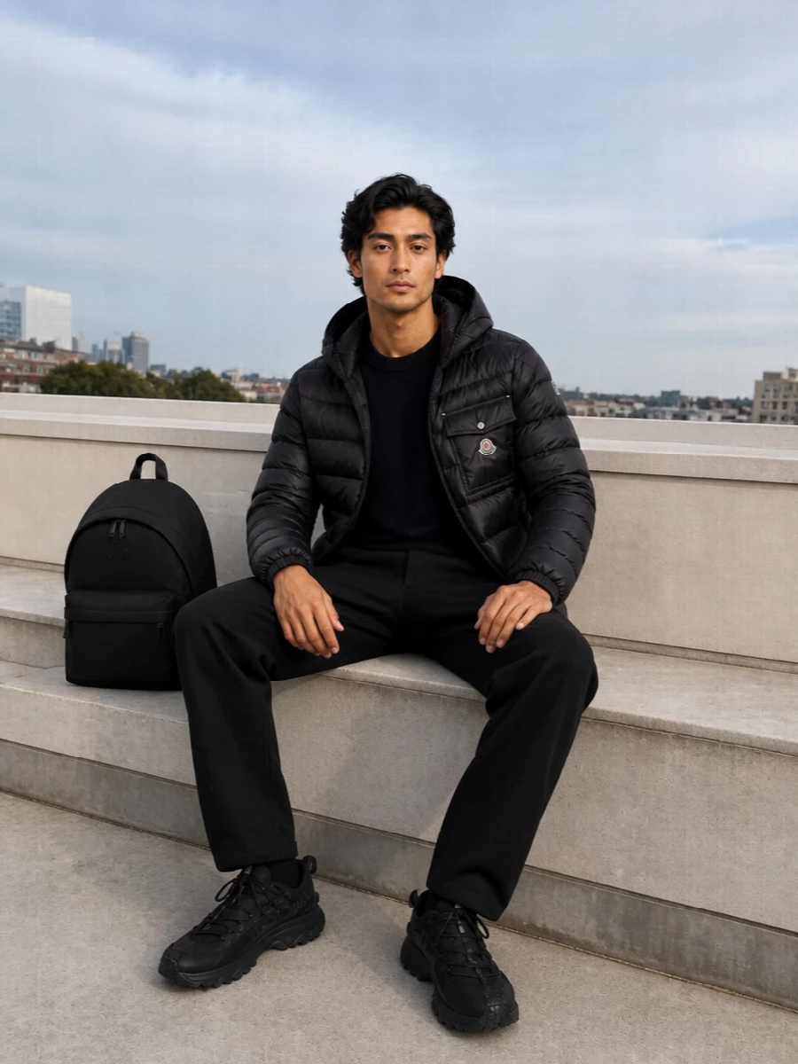 Moncler mens black puffer technical pants outfit