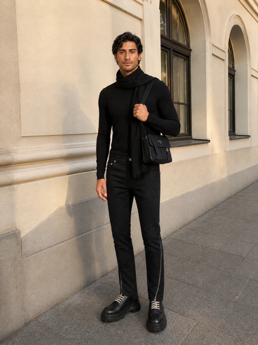 Rick owens black jeans prada crossbody outfit