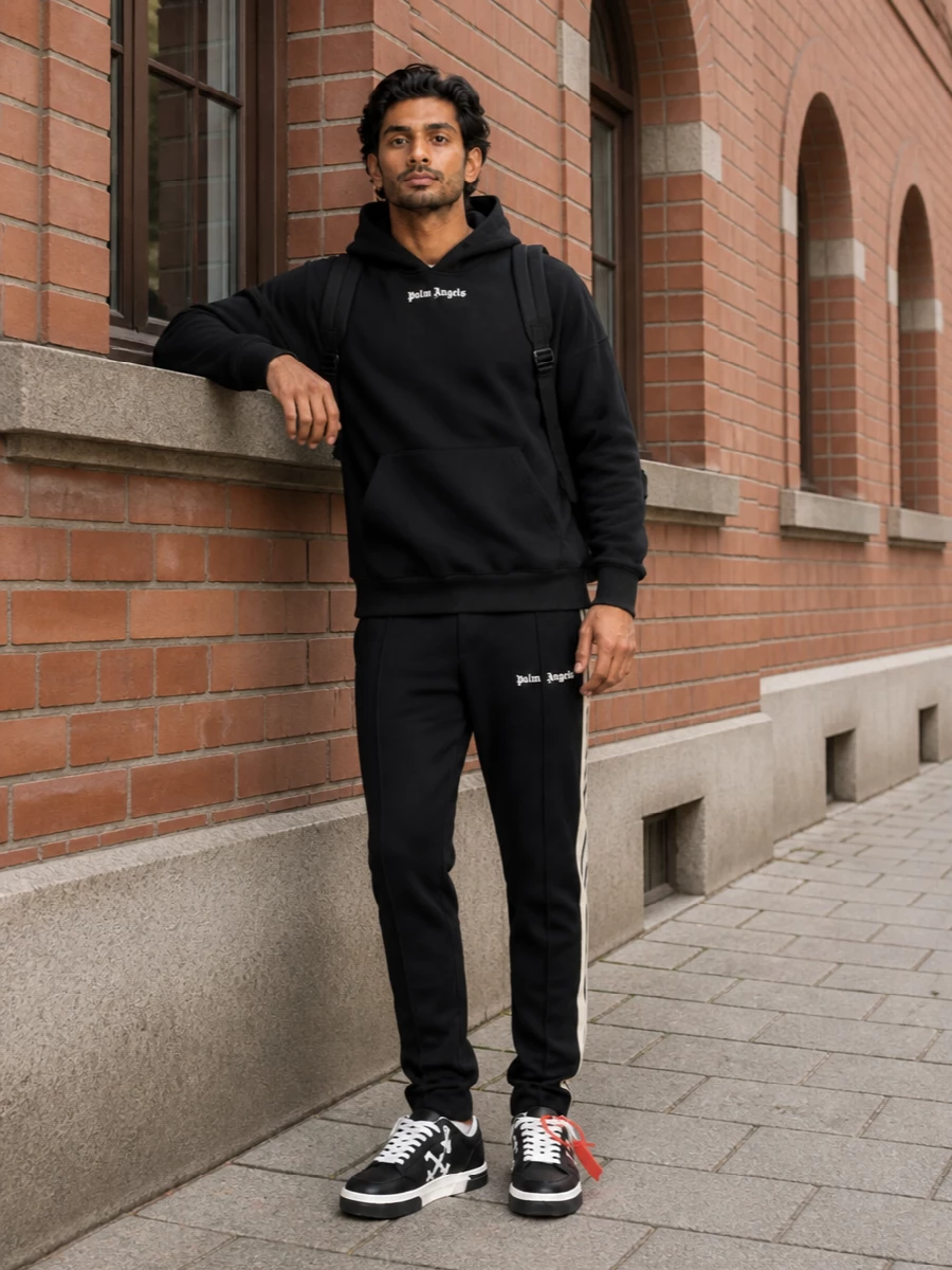 Palm angels hoodie track pants off white sneakers