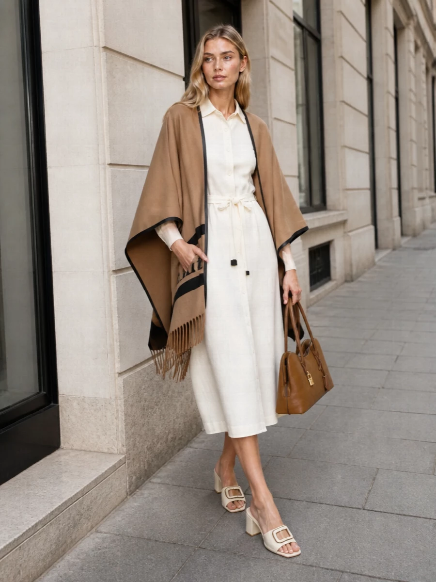 The Max Mara cape becomes the hero here, layered over an ivory shirt dress that subtly repeats its black accents for a cohesive, graphic-neutral story. Ivory block-heel mules keep the palette light and elongating, while the structured camel top-handle bag grounds the look in polished, modern quiet luxury suitable for city days that move into dinner. I chose the dress route over separates to avoid bulk under the cape and to let its sweeping silhouette read as intentional and uninterrupted.