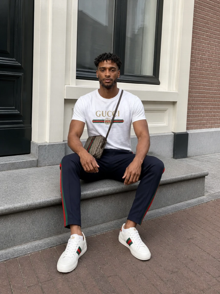 Gucci mens logo tee navy track pants outfit