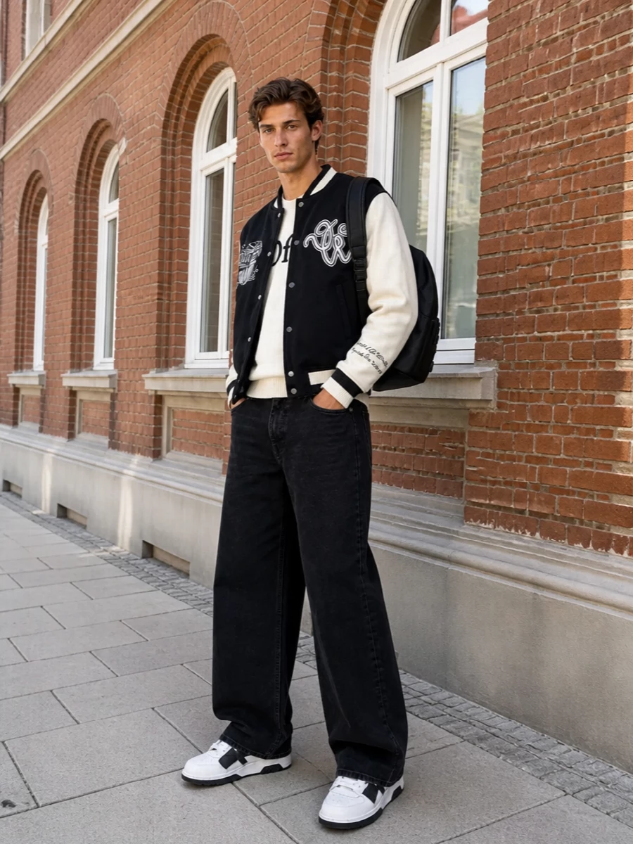 Off white varsity jacket wide leg jeans outfit