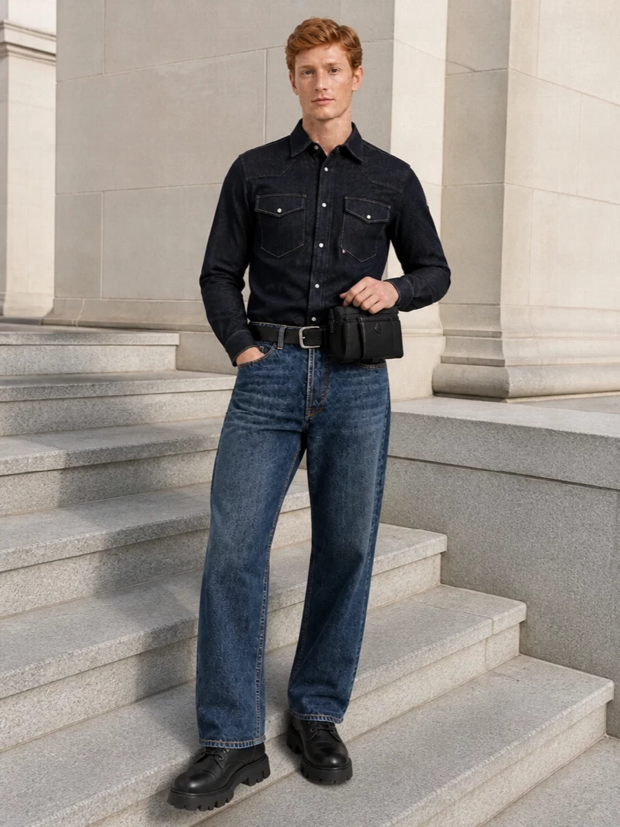 Moncler denim wide leg jeans overshirt boots