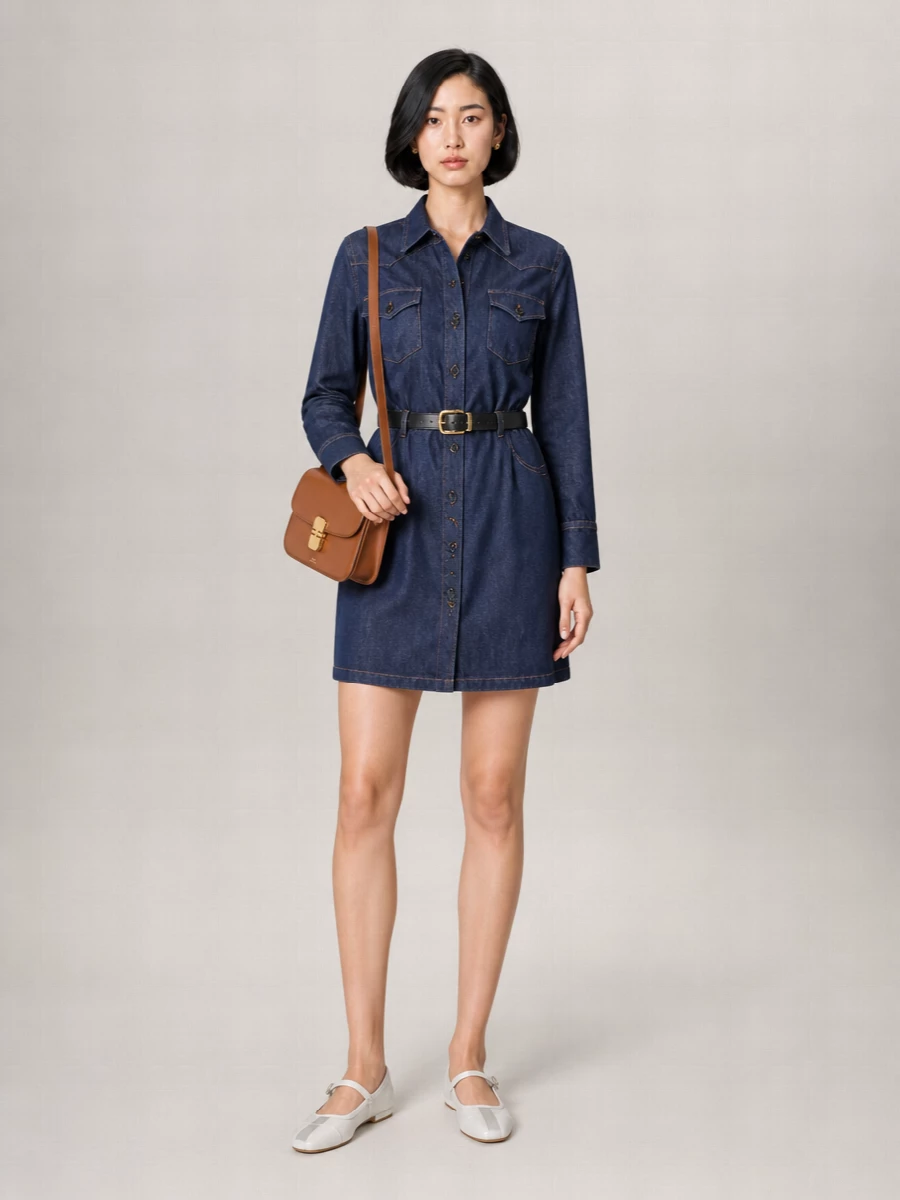 A dark indigo denim shirt dress is grounded with soft white Mary Janes for a clean, city-day feel. A cognac leather shoulder bag and discreet pearl studs add warmth and polish while keeping the focus on the structured, belted silhouette. The slim black belt quietly sharpens the waist, reinforcing the dress’s utility lines without over-styling it.