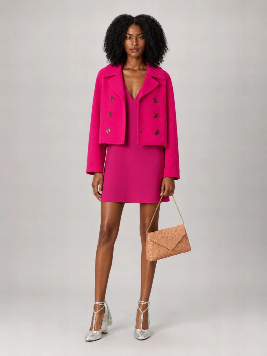 I am styling this as a dress story rather than top and bottom, so the coat frames a single sweep of saturated fuchsia instead of fighting a second tailored layer. The Dries mini shift keeps the silhouette fluid under the cropped peacoat, with molten silver heels pulling in the gunmetal buttons and the crinkled terracotta bag adding just enough warmth and texture. It reads like a gallery-opening ensemble that is bold in color yet tightly edited in shape and brand language.