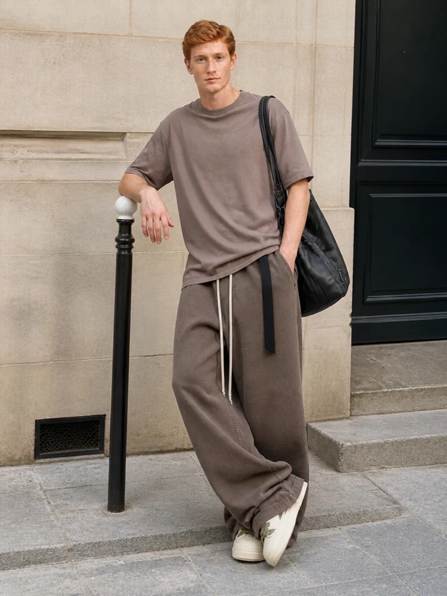Rick owens taupe longline tee wide leg trousers