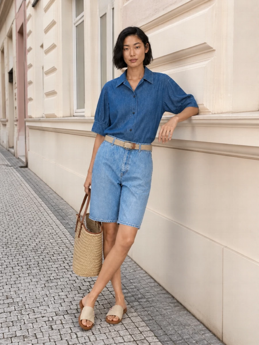 Soft-wash denim on top and bottom creates a considered, monochrome base, with the boxy shirt sitting just right against the relaxed knee-length shorts. Tan leather touches and structured straw ground all that blue, keeping the mood clean, modern and city-ready. The braided belt subtly sharpens the waist so the ease feels intentional rather than slouchy.