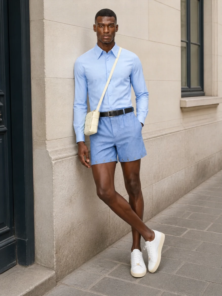 Powder-blue Valentino shirting paired with the relaxed mid-thigh shorts creates a tonal, almost set-like look that feels polished yet easy, with crisp tailoring balancing the casual elasticated waist and studded hem. Clean white low-top sneakers keep the silhouette light and contemporary, while the butter-cream Bottega crossbody and black textured belt add just enough contrast and structure to signal quiet luxury without breaking the softness of the palette.