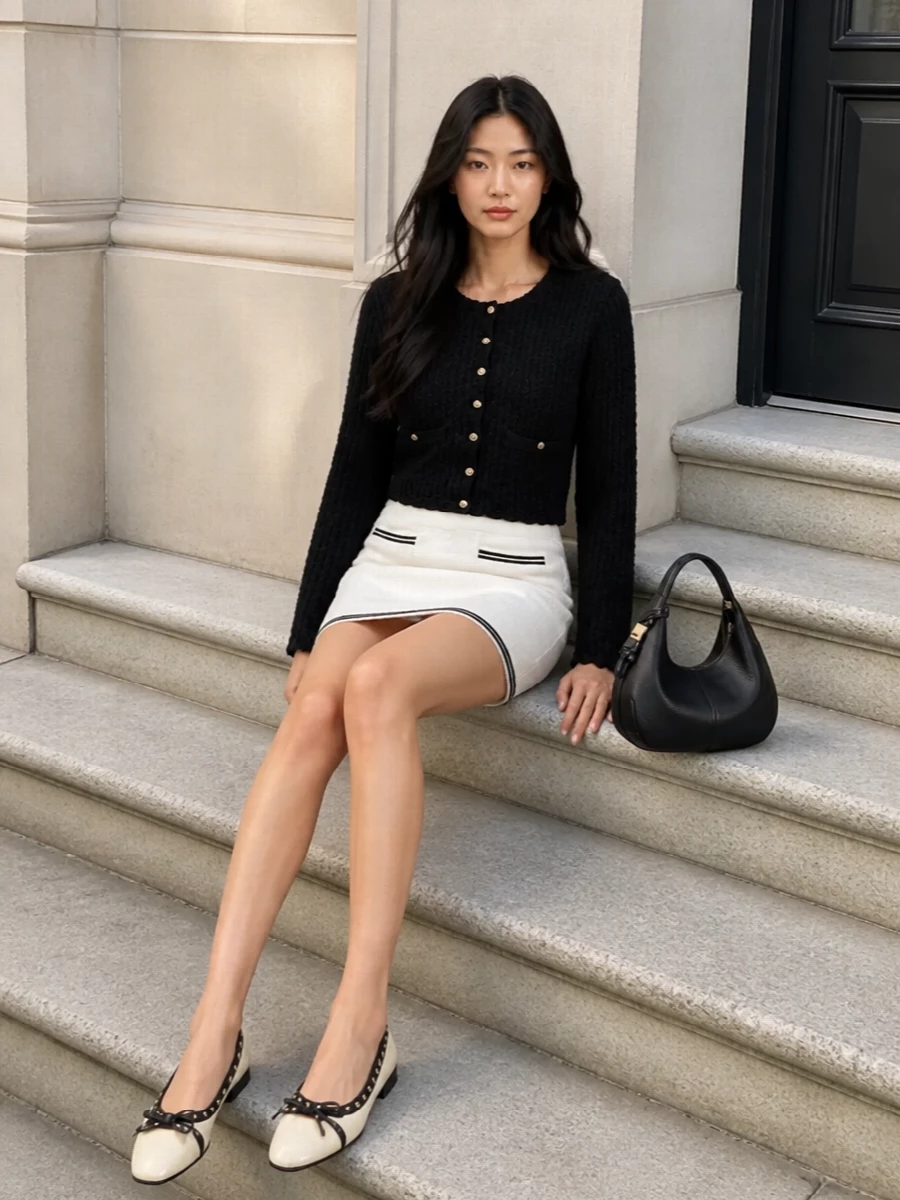 Ganni cardigan ivory mini skirt outfit