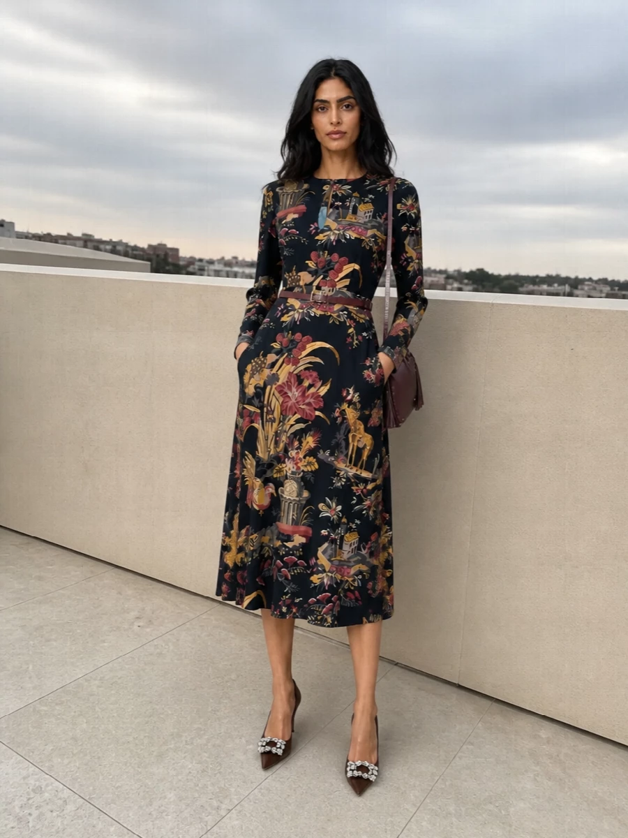 Etro printed midi dress roger vivier pumps