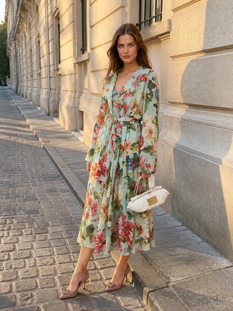 I am keeping this in the dress path, pairing the floral trench with the coordinated aqua wrap dress so it reads as an intentional, head-to-toe Dolce&Gabbana garden ensemble rather than clashing layers. Dusty-rose pumps and a minimal white quilted bag quietly ground the print-on-print romance, giving you a polished, occasion-ready outfit that still feels fluid and cinematic. The proportions stay long, belted and feminine, with accessories used to refine, not shout over, the florals.