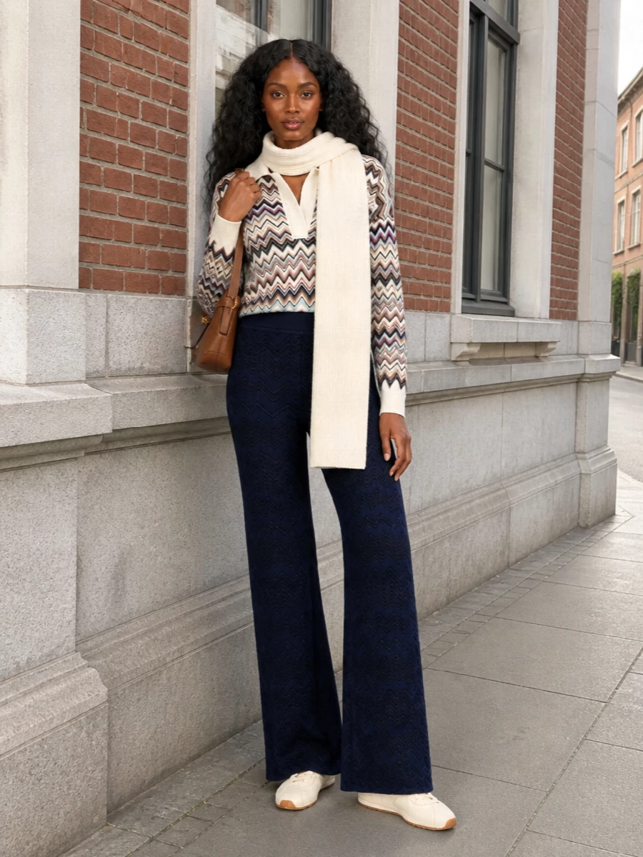 Missoni zigzag polo navy knit trousers outfit