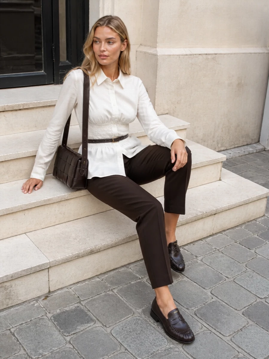 Prada ivory shirt dark brown tailored trousers