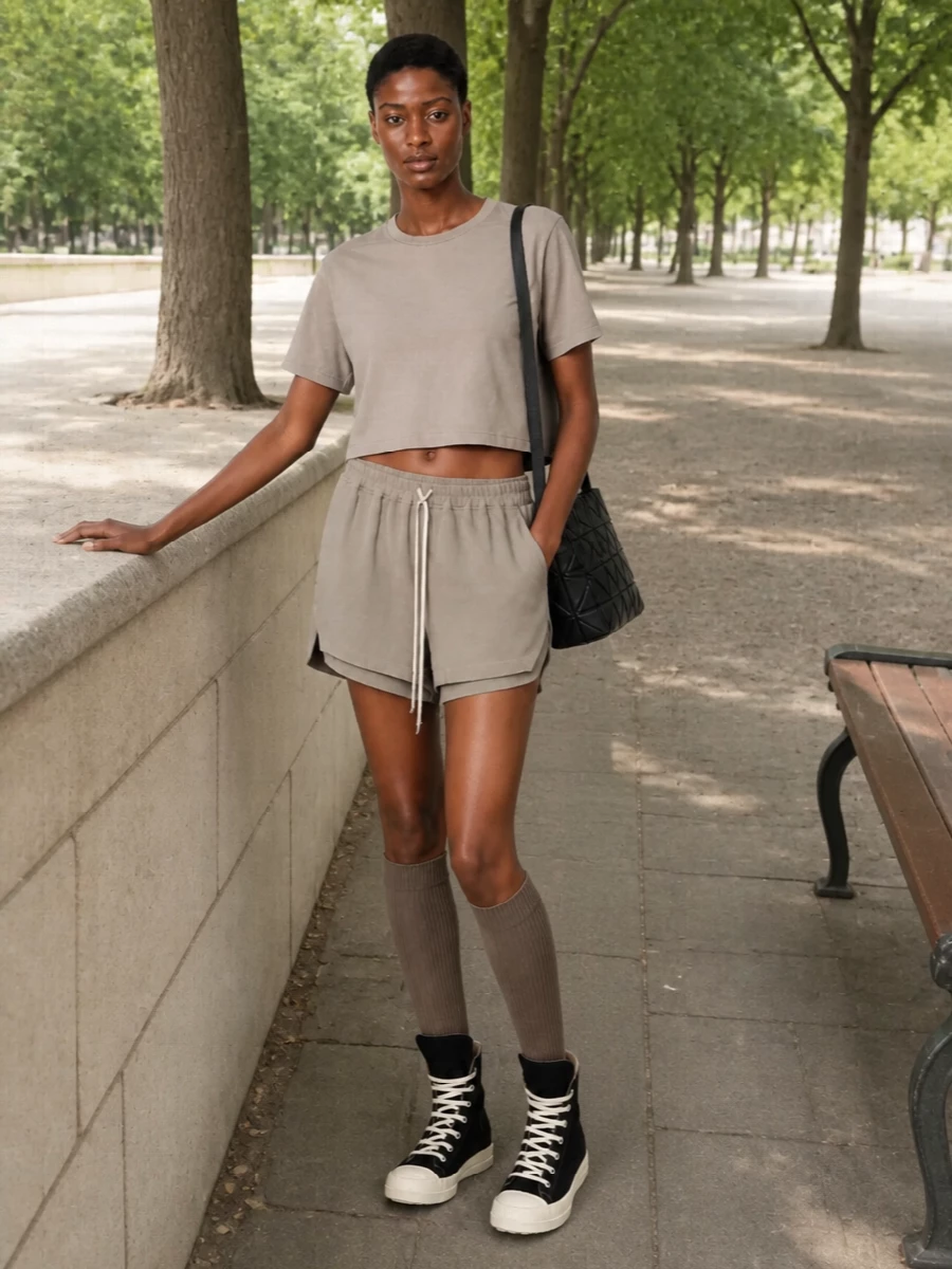 Rick owens drkshdw taupe crop top shorts outfit