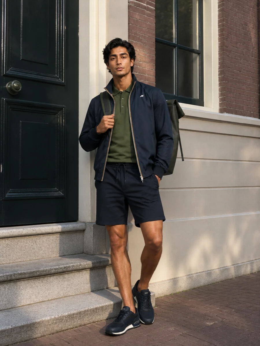 K way bomber knit polo navy shorts outfit